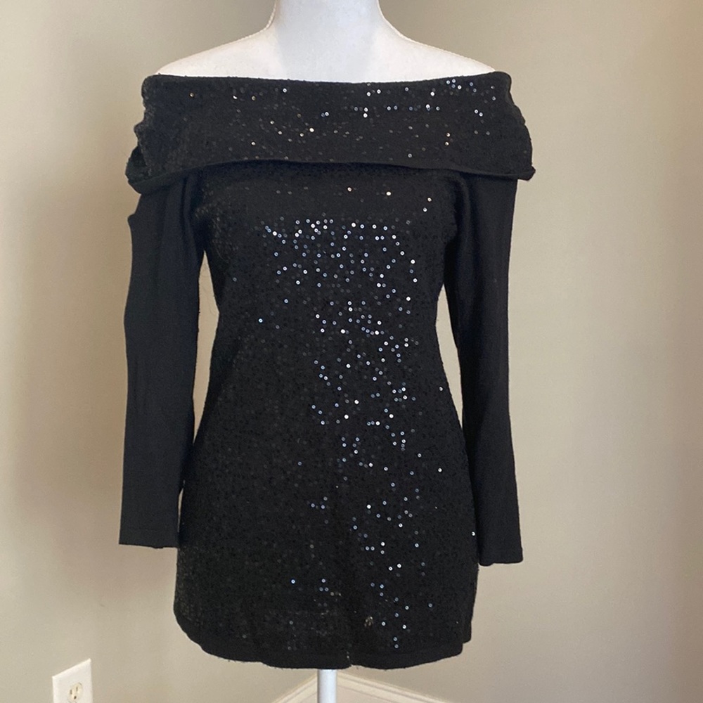 Black Sequined, Boat-Necked Sweater